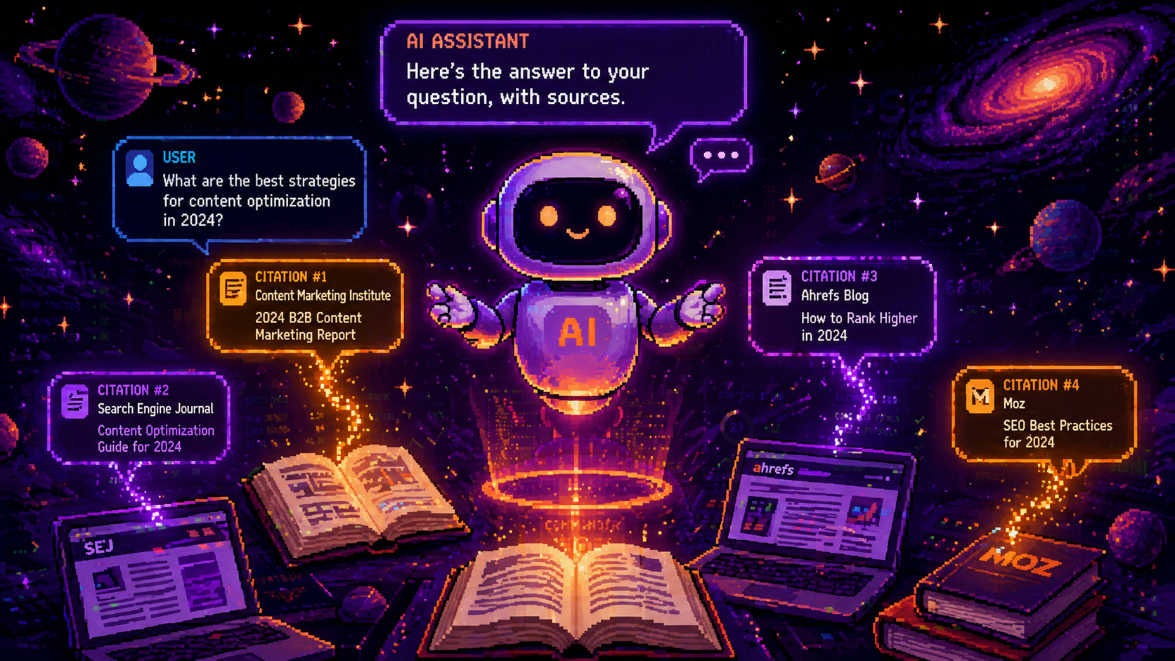 Pixel art of an AI assistant floating in space surrounded by citation bubbles from ChatGPT and Perplexity
