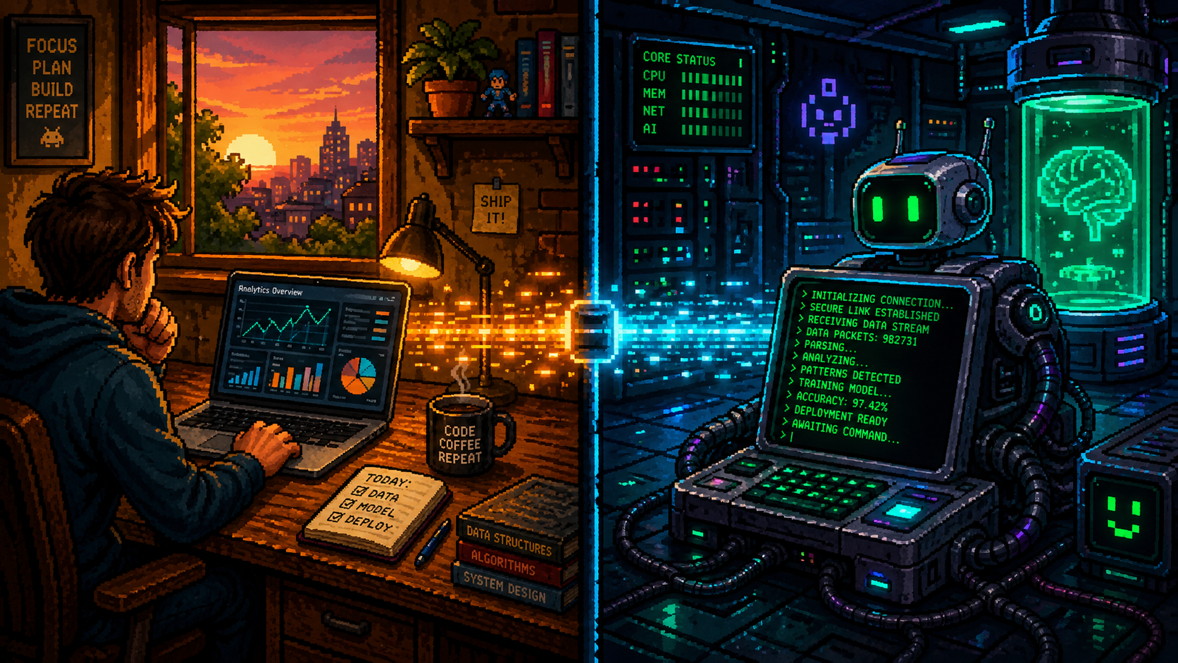 Pixel art split screen showing a human SEO manager on the left and an AI agent at a terminal on the right