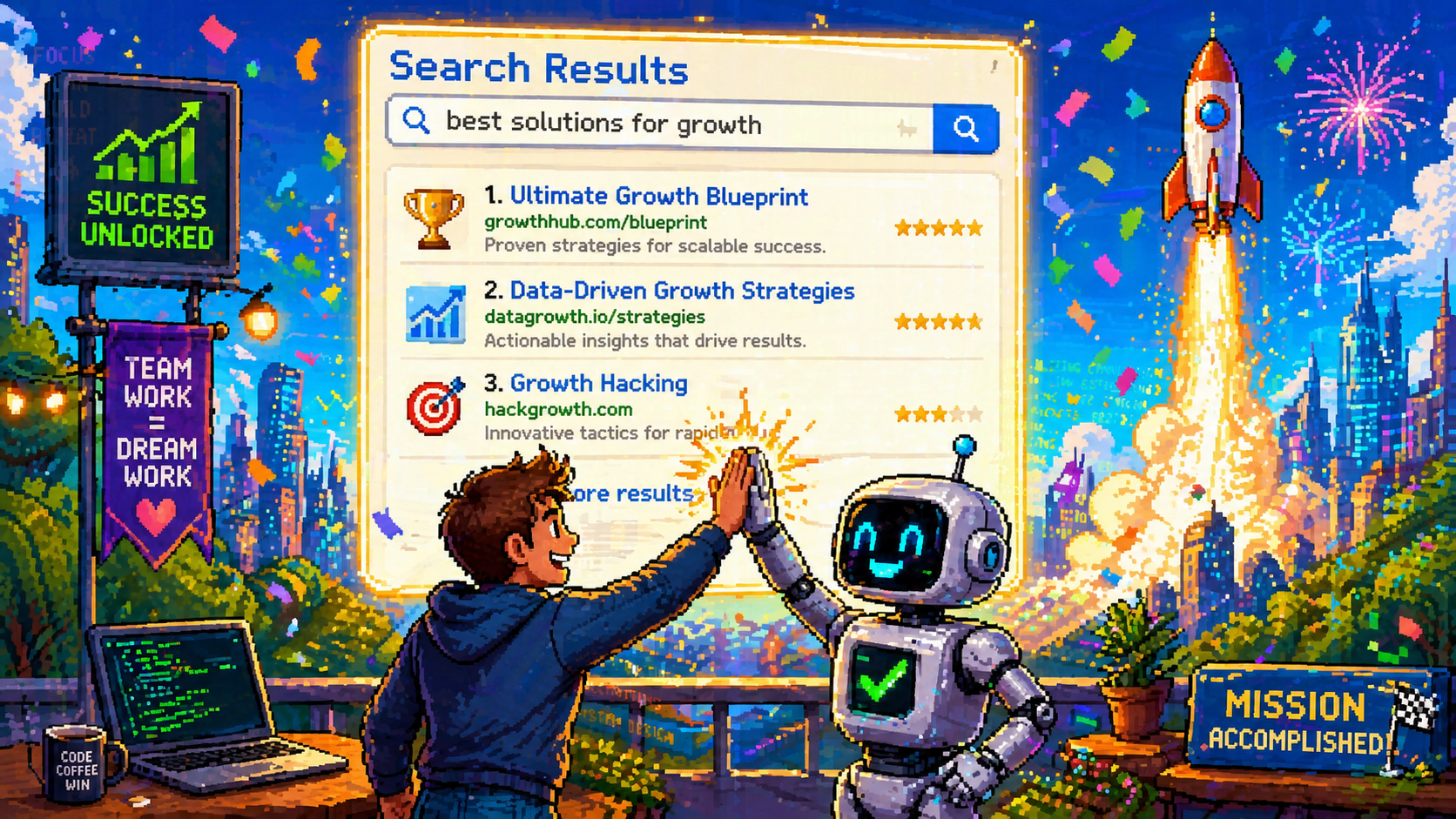 Pixel art human and robot giving a high-five with search ranking results displayed on screen behind them