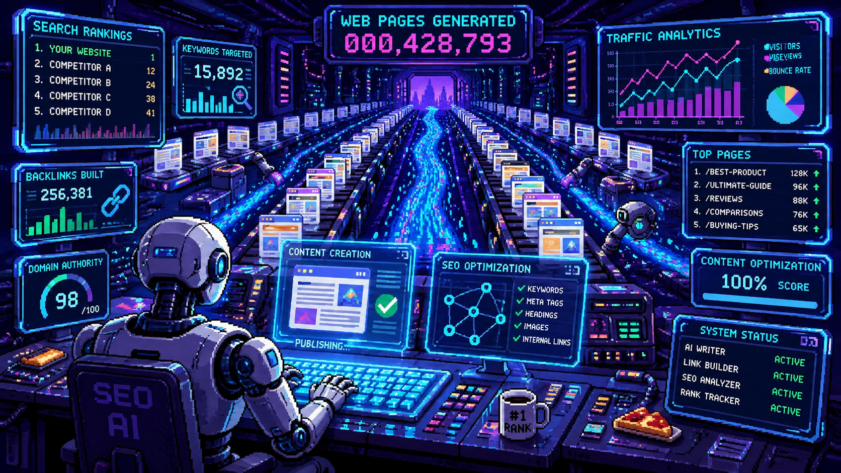 Pixel art of an AI SEO robot in a search engine control room with ranking dials and monitors