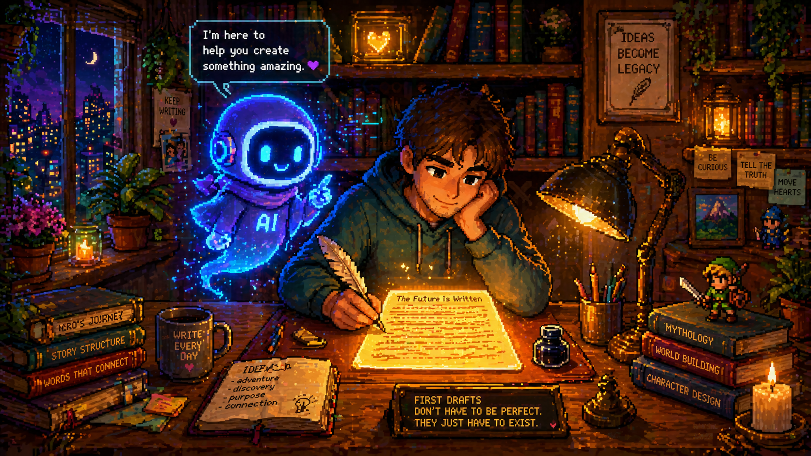 Pixel art of an AI writing assistant helping a human content strategist at a glowing desk