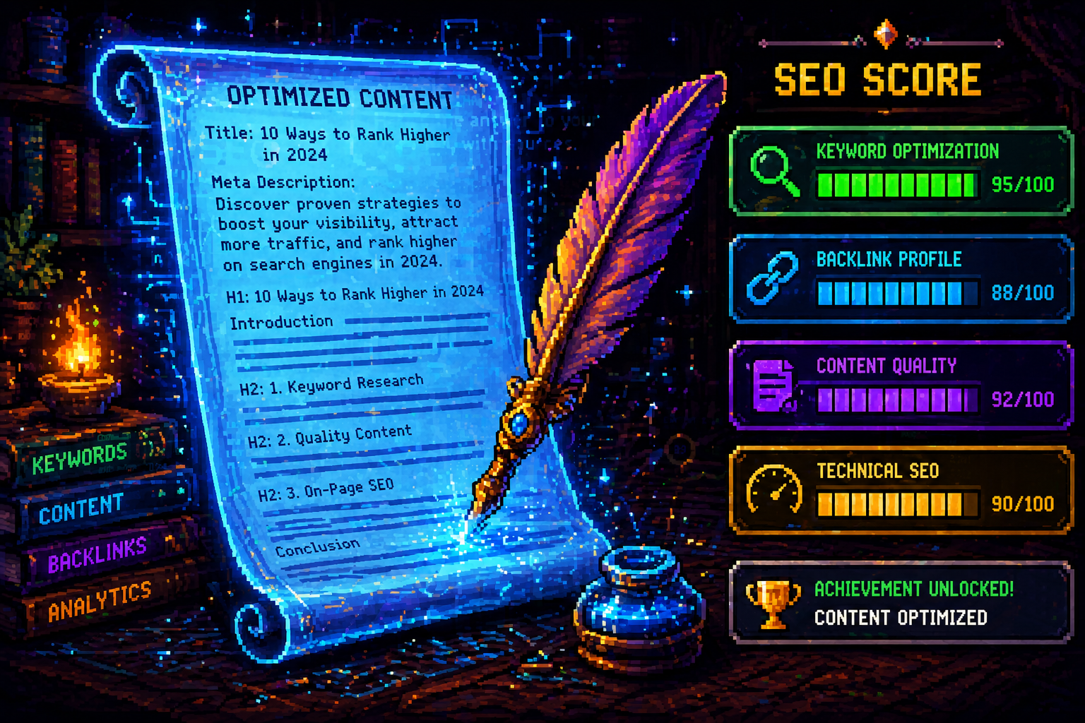 Pixel art SEO score scroll with content quality progress bars and four-track metrics