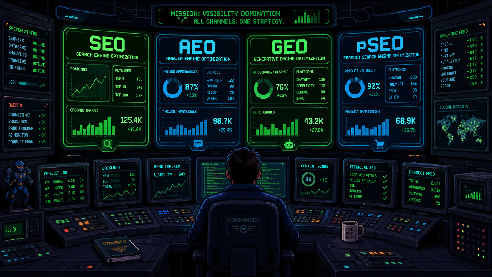 Pixel art four-track SEO command center with monitors for SEO, AEO, GEO, and pSEO