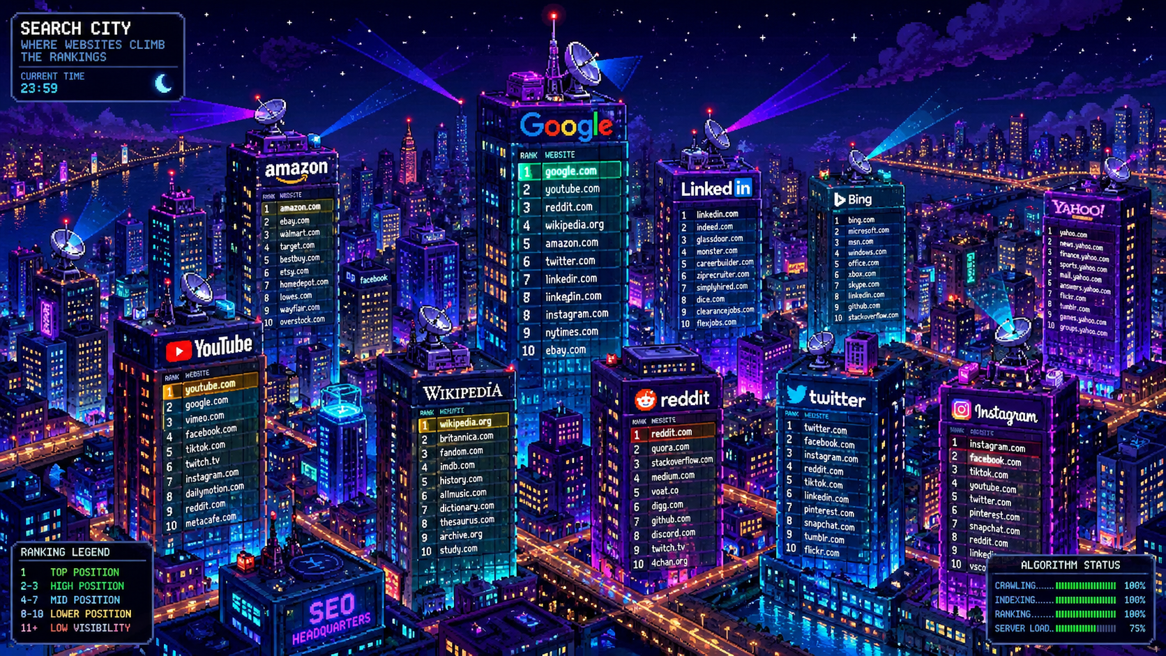 Pixel art search city skyline at night with SEO ranking signals glowing across skyscraper displays