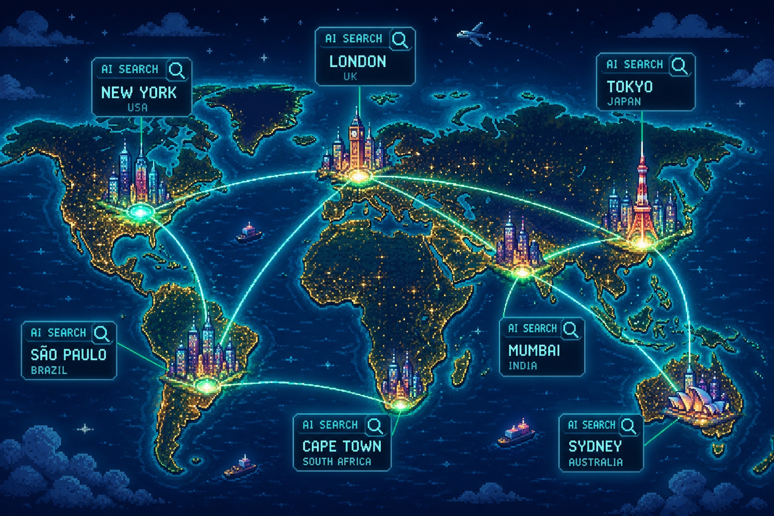 Pixel art world map with glowing AI search city nodes and satellite data connections