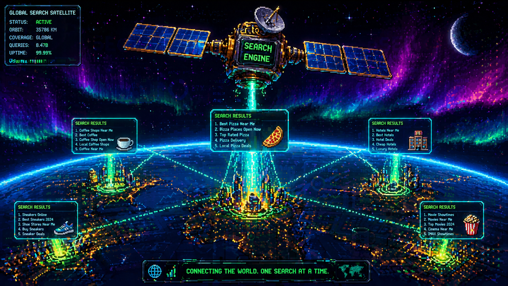 Pixel art of a global search satellite orbiting earth broadcasting AI citations to cities below