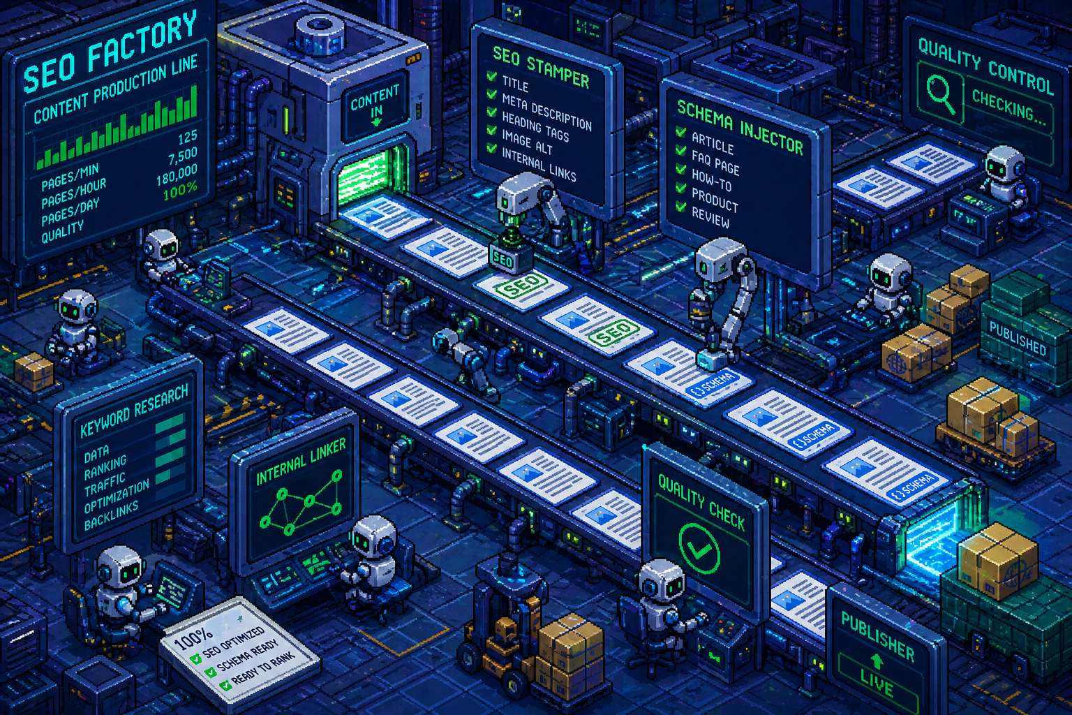 Pixel art programmatic SEO factory production line building thousands of optimized web pages