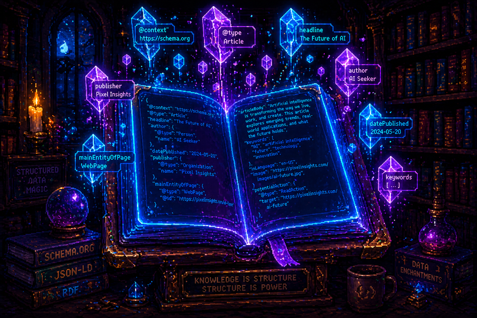 Pixel art of a glowing JSON-LD schema tome surrounded by structured data crystals