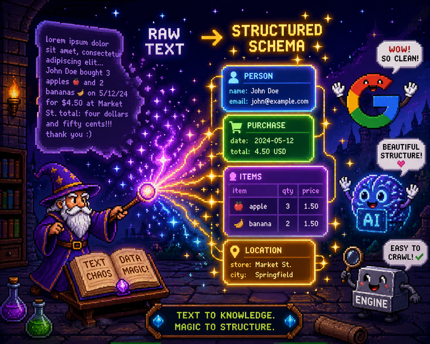 Pixel art wizard converting raw text into structured schema markup with JSON-LD symbols floating around