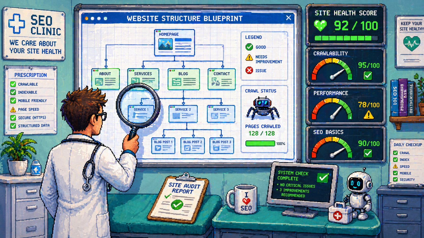 Pixel art SEO clinic doctor reviewing a website health blueprint with crawl errors highlighted