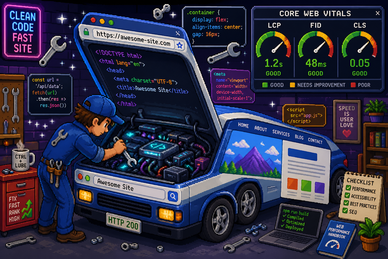 Pixel art website mechanic tuning Core Web Vitals with a wrench under the hood of a browser window